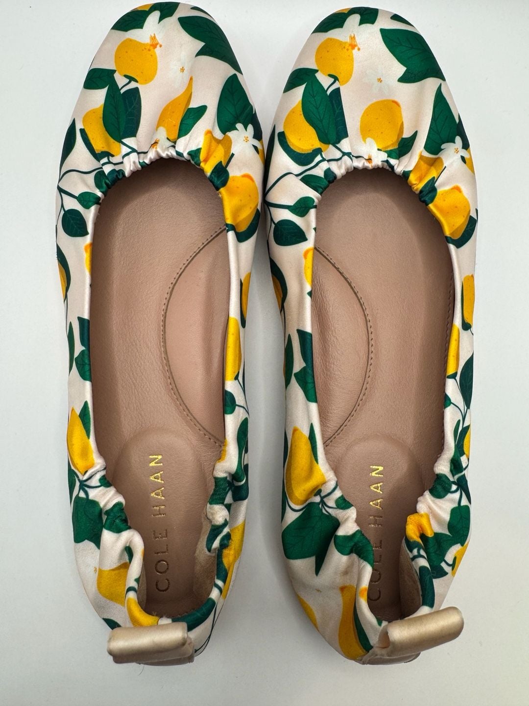 Cole Haan York Soft Ballet Flats Lemon Print Rosewater Satin 8.5 8