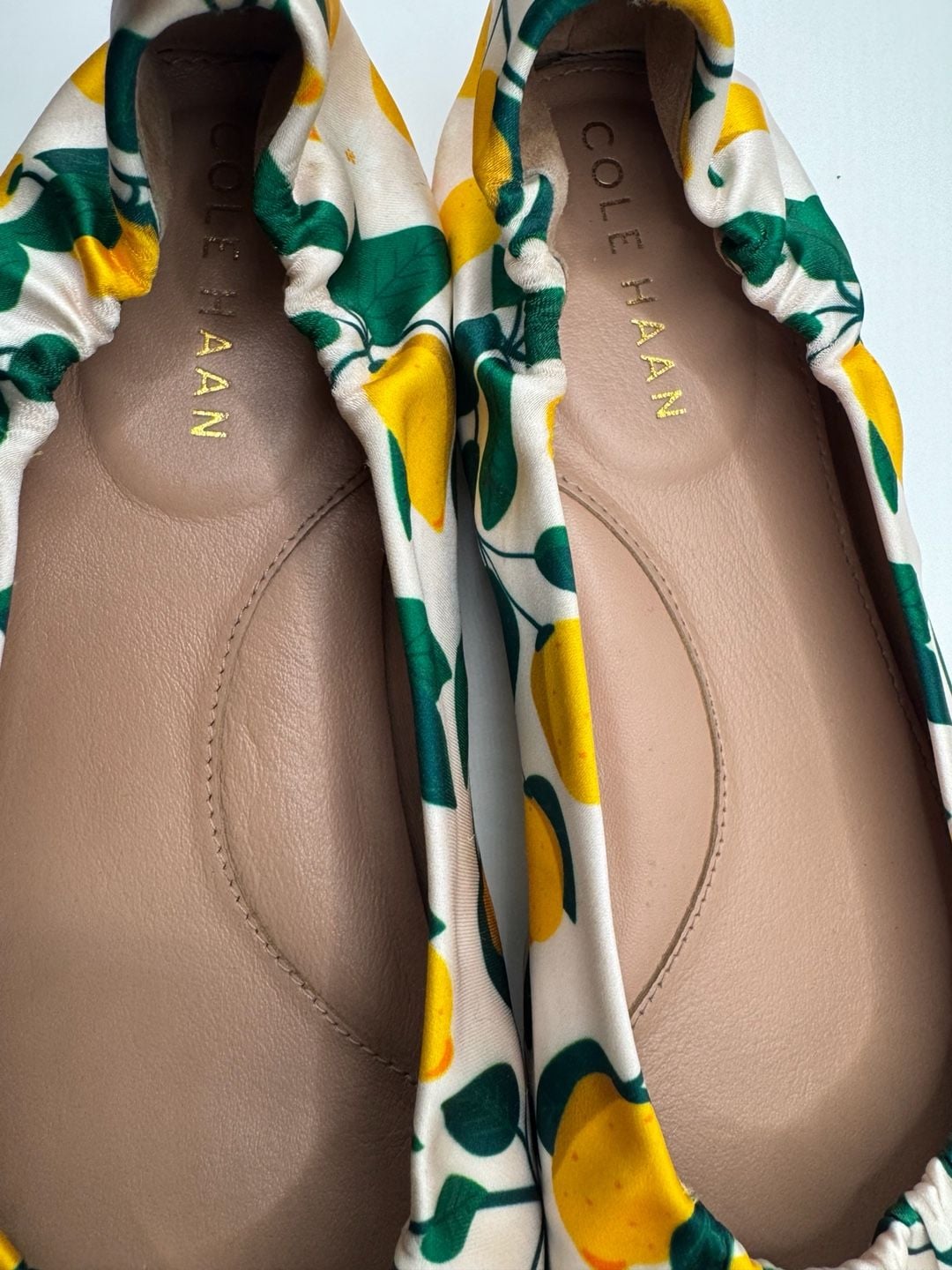 Cole Haan York Soft Ballet Flats Lemon Print Rosewater Satin 8.5 11