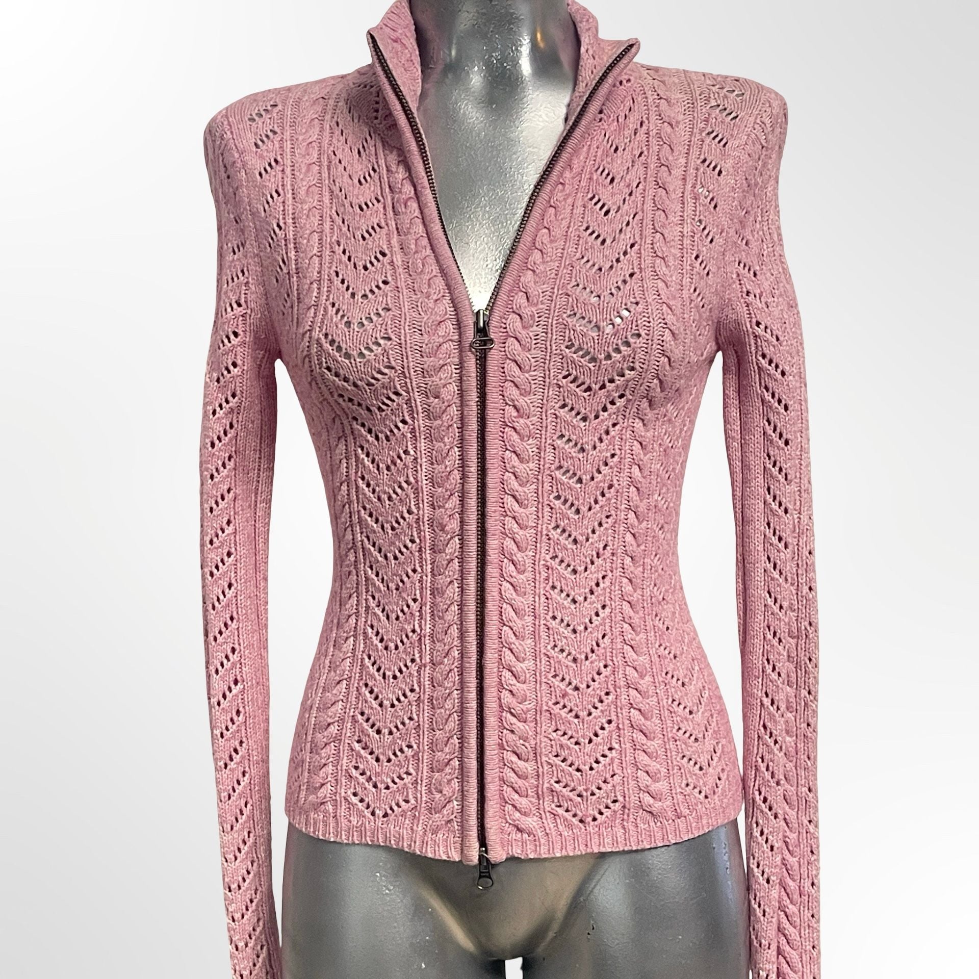 Rubbish Full Zip Cardigan Size XS Pink Cable Knit Mock Neck Sweater 3