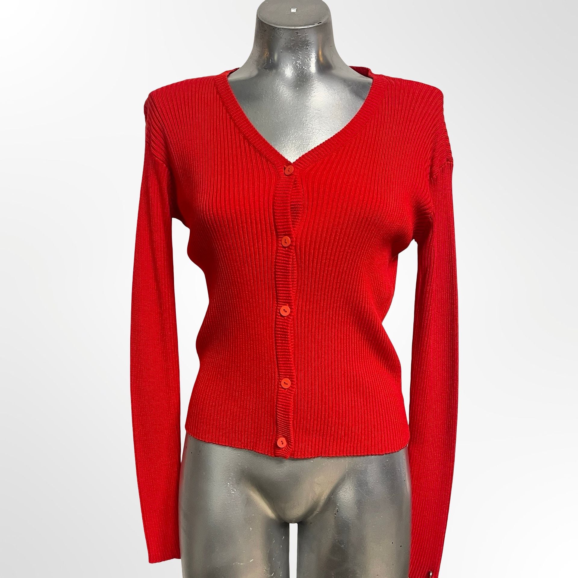 American Eagle Outfitters Cardigan Sweater Size M Red Ribbed V-Neck 3