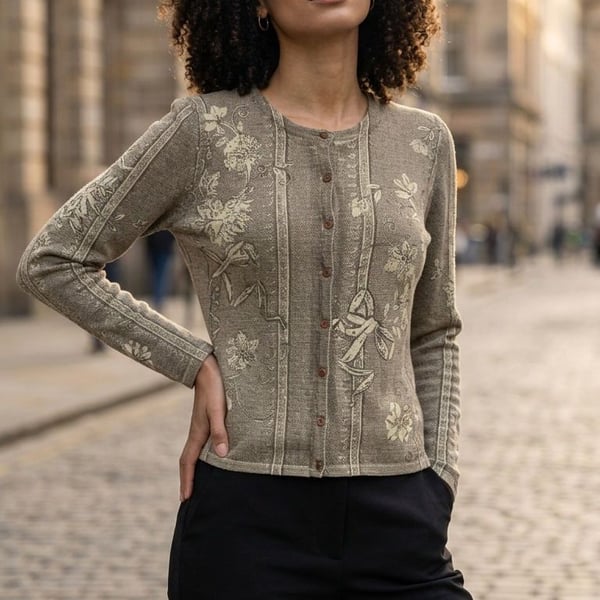 Easel Floral Cardigan Size M Brown Lambswool Angora