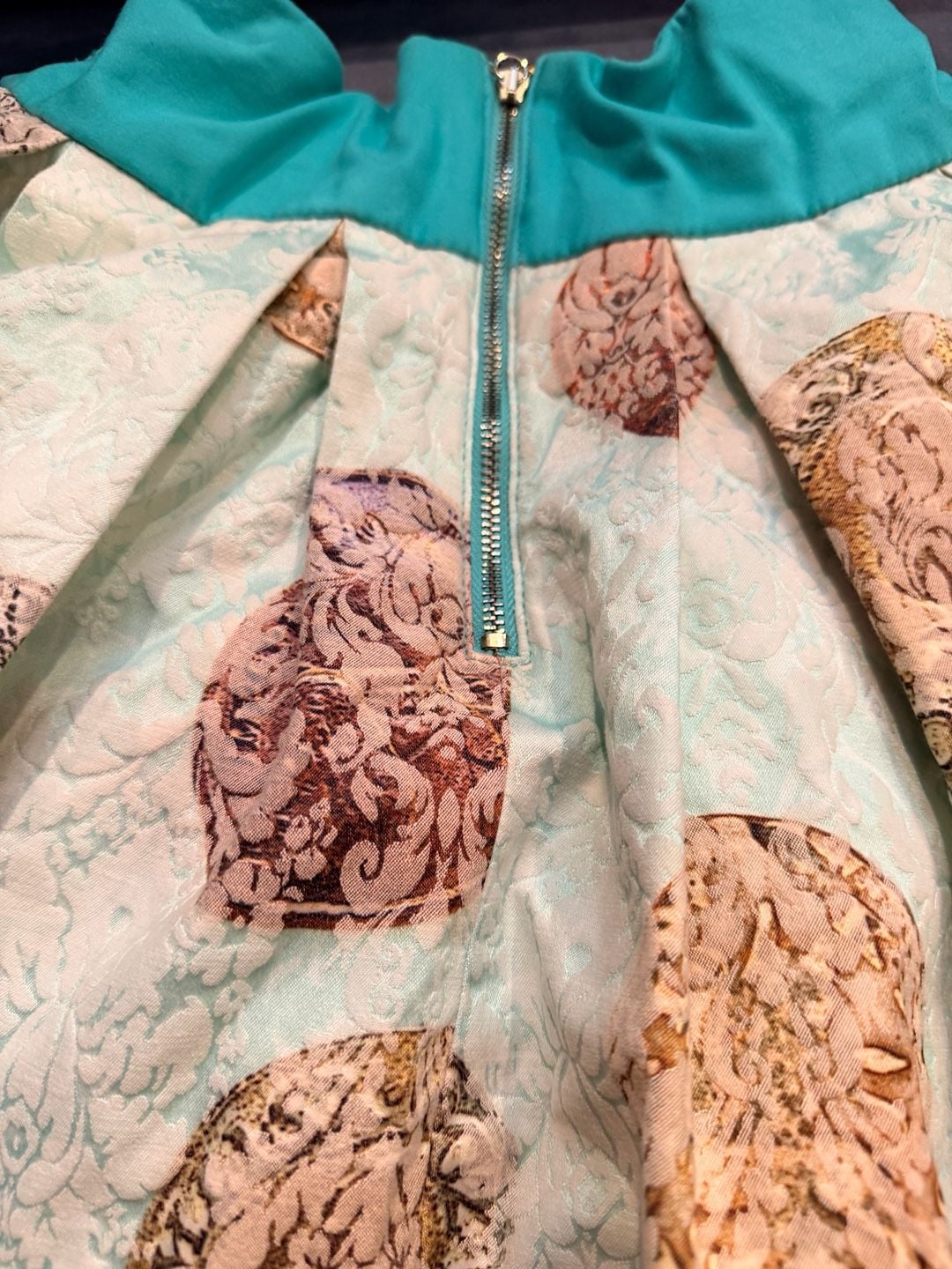 AMN Amen Pleated Jacquard Mini Skirt Mint Green Coin Print Teal Waistband S: 26 5