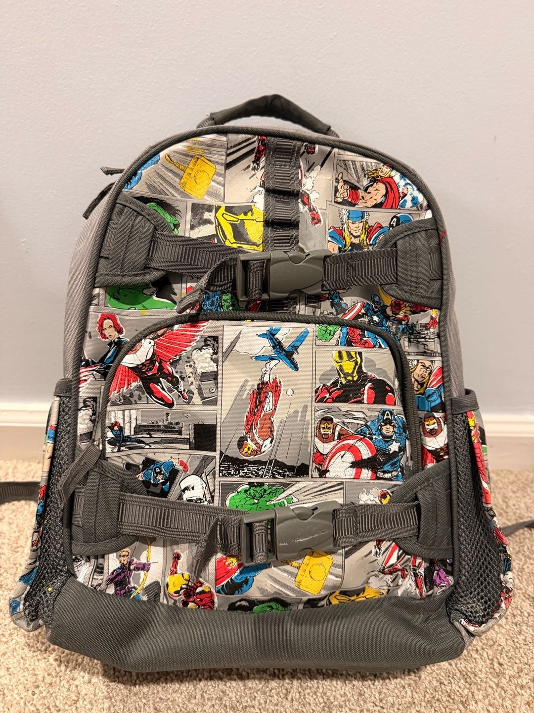 Pottery Barn Kids Marvel Avengers Comic Book Backpack Gray 1