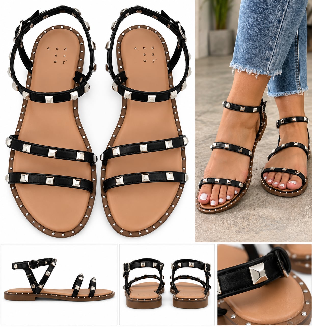 A New Day Women’s Size 6.5 Black Studded Strappy Gladiator Sandals 2