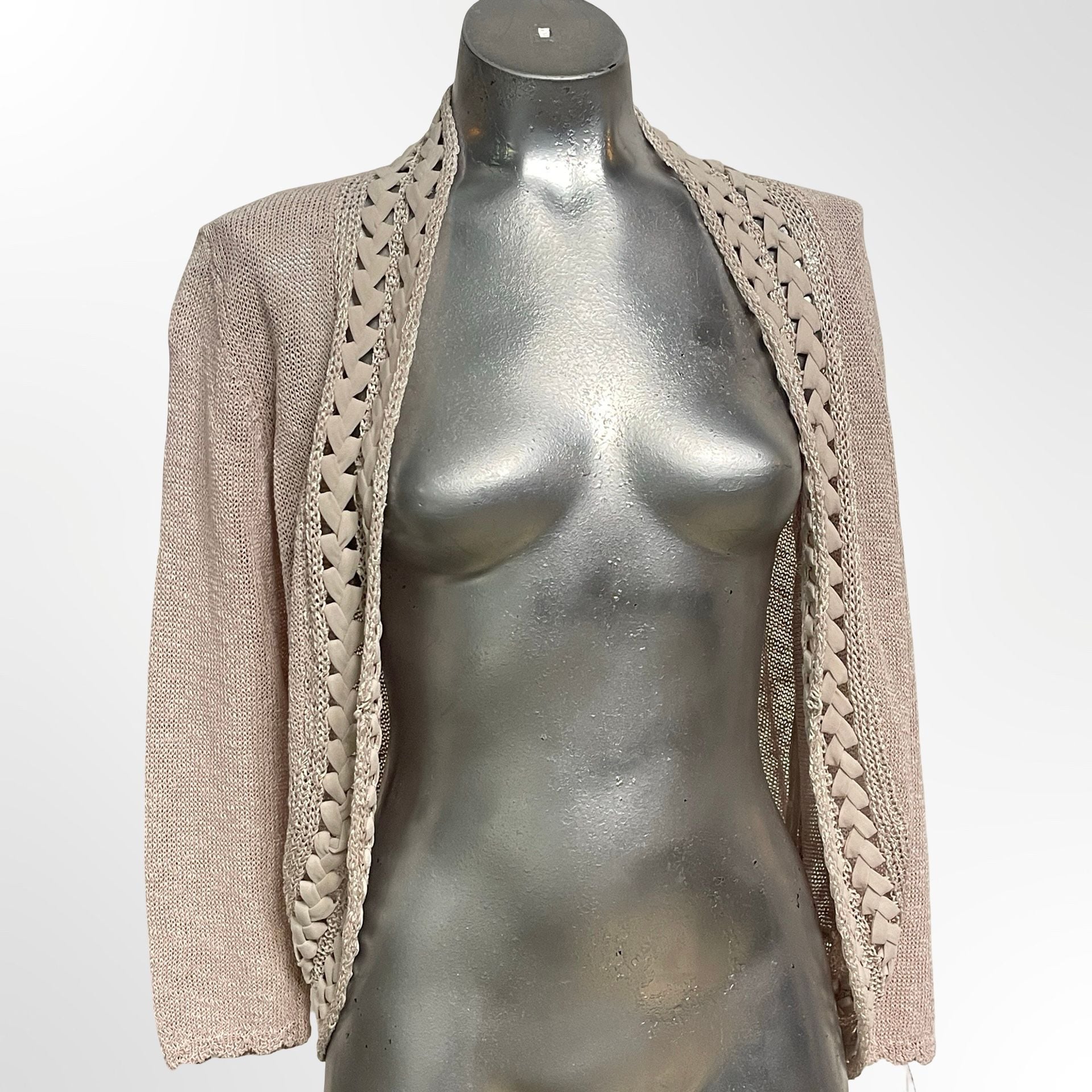 Coldwater Creek Cardigan Size S Beige Open Front Ribbon Trim 3