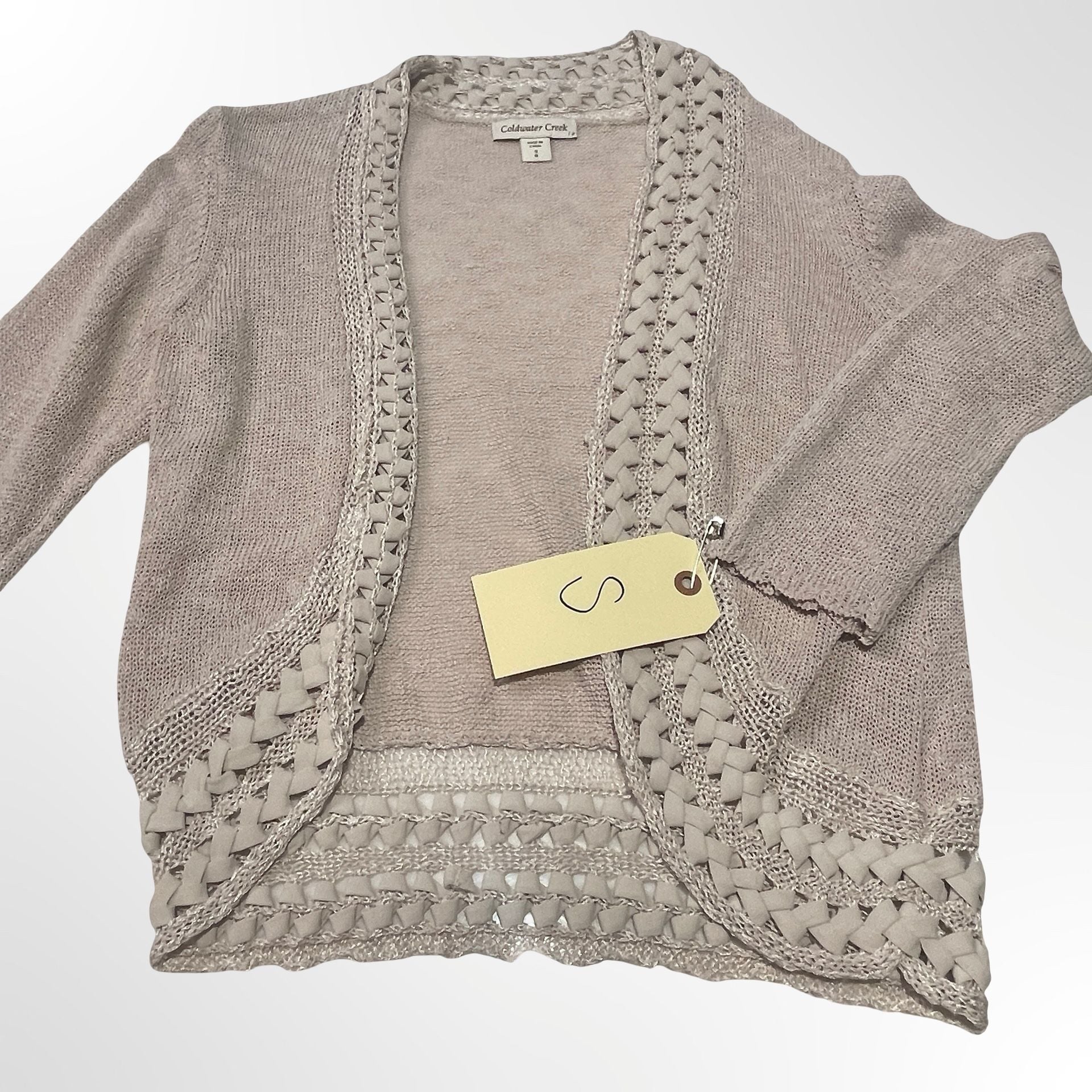 Coldwater Creek Cardigan Size S Beige Open Front Ribbon Trim 6