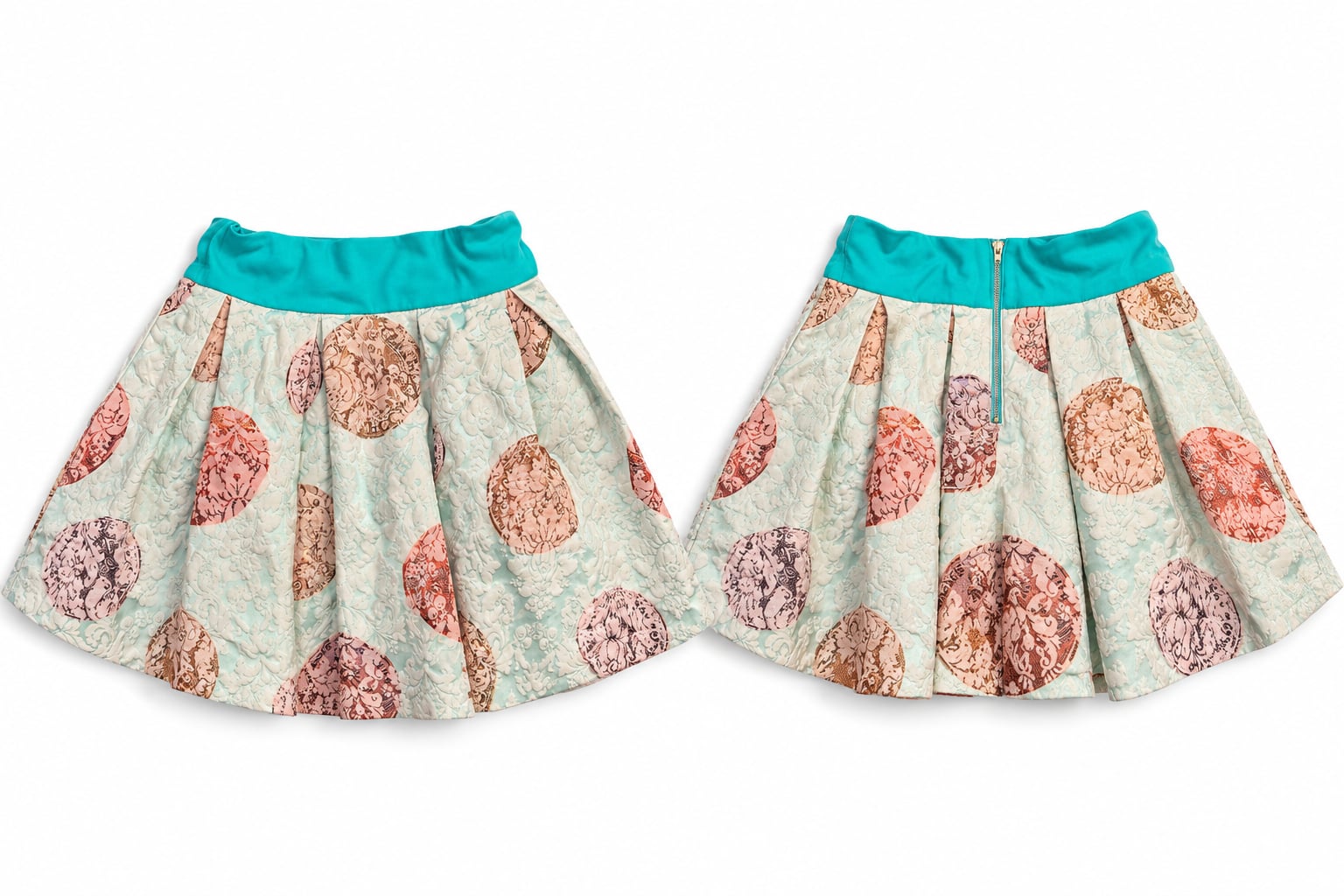 AMN Amen Pleated Jacquard Mini Skirt Mint Green Coin Print Teal Waistband S: 26 3