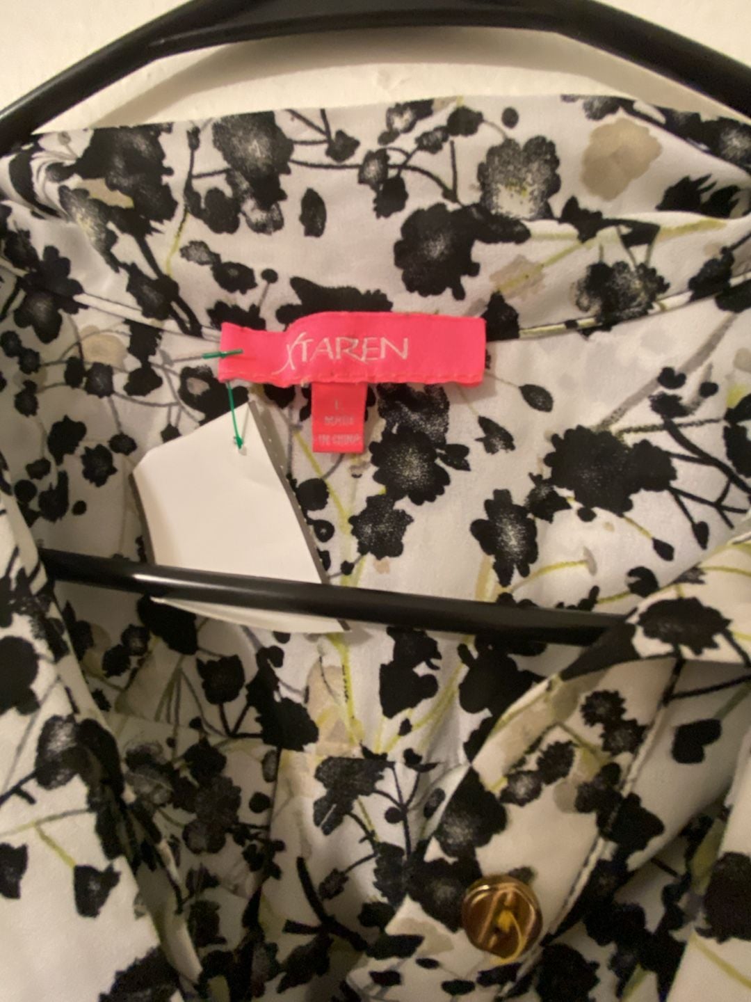 Xtaren Floral Blouse Size L Black White Tie Neck 3