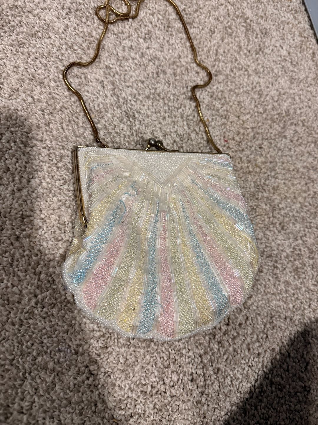 Vintage Beaded Seashell Handbag Pastel Rainbow Clam Evening Purse 2