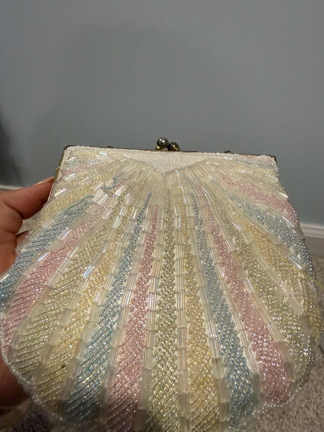 Vintage Beaded Seashell Handbag Pastel Rainbow Clam Evening Purse 3