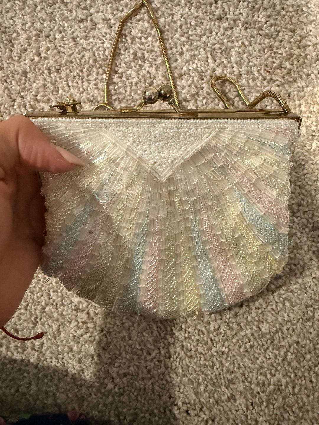Vintage Beaded Seashell Handbag Pastel Rainbow Clam Evening Purse 5