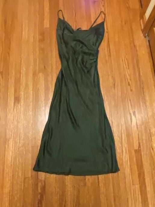 Zara Slip Dress Size M Green Satin Midi 2