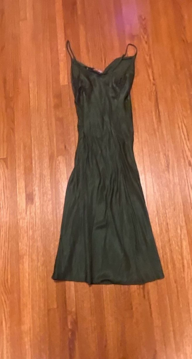 Zara Slip Dress Size M Green Satin Midi 4