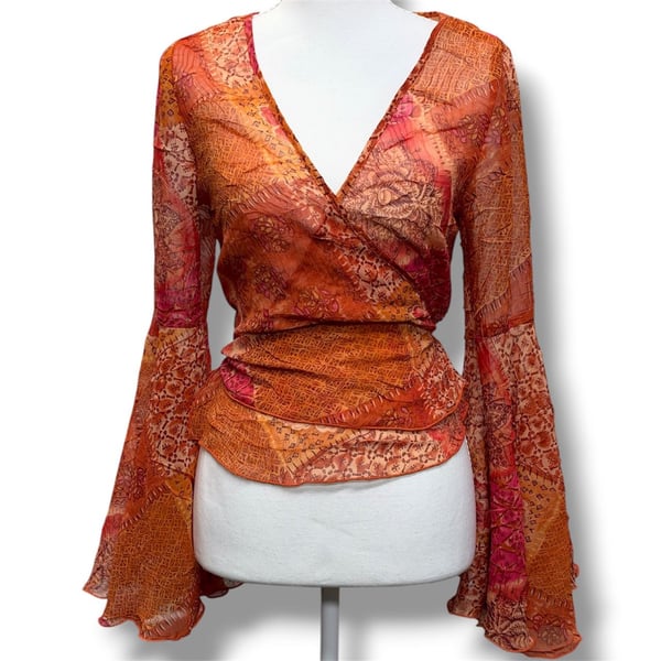 Vintage Y2K Burnt Orange Mesh Bell Sleeve Blouse - ,