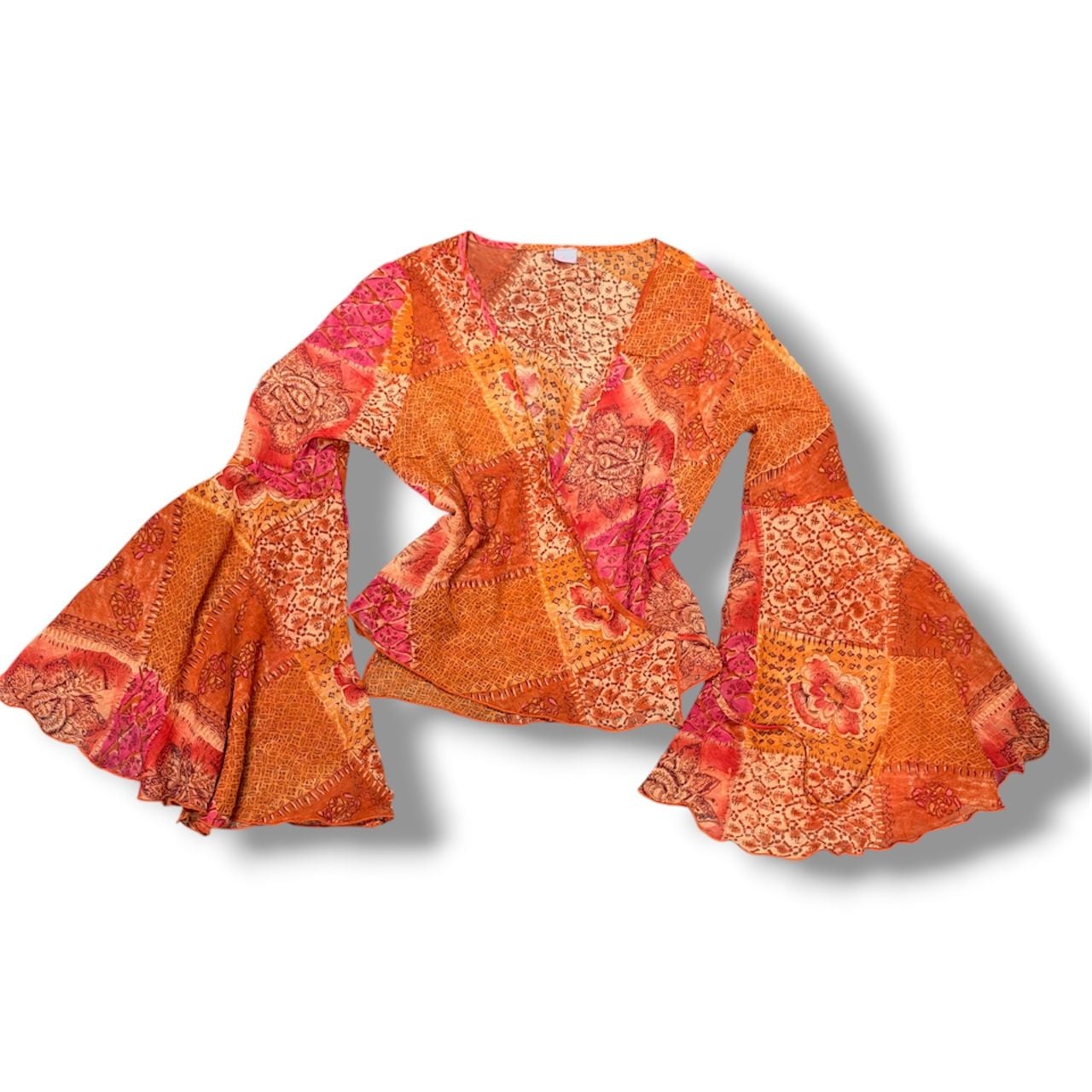 Vintage Y2K Burnt Orange Mesh Bell Sleeve Blouse - , 3