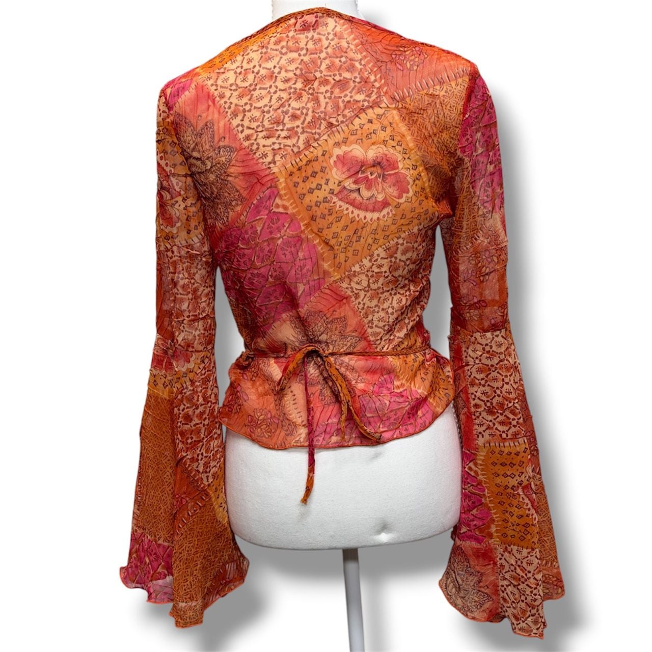 Vintage Y2K Burnt Orange Mesh Bell Sleeve Blouse - , 5