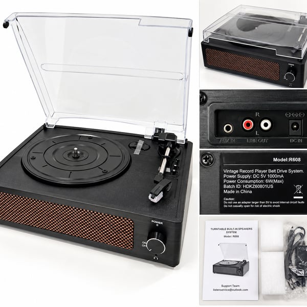 R608 Vintage Style Record Player Turntable Built-In Speakers Belt Drive