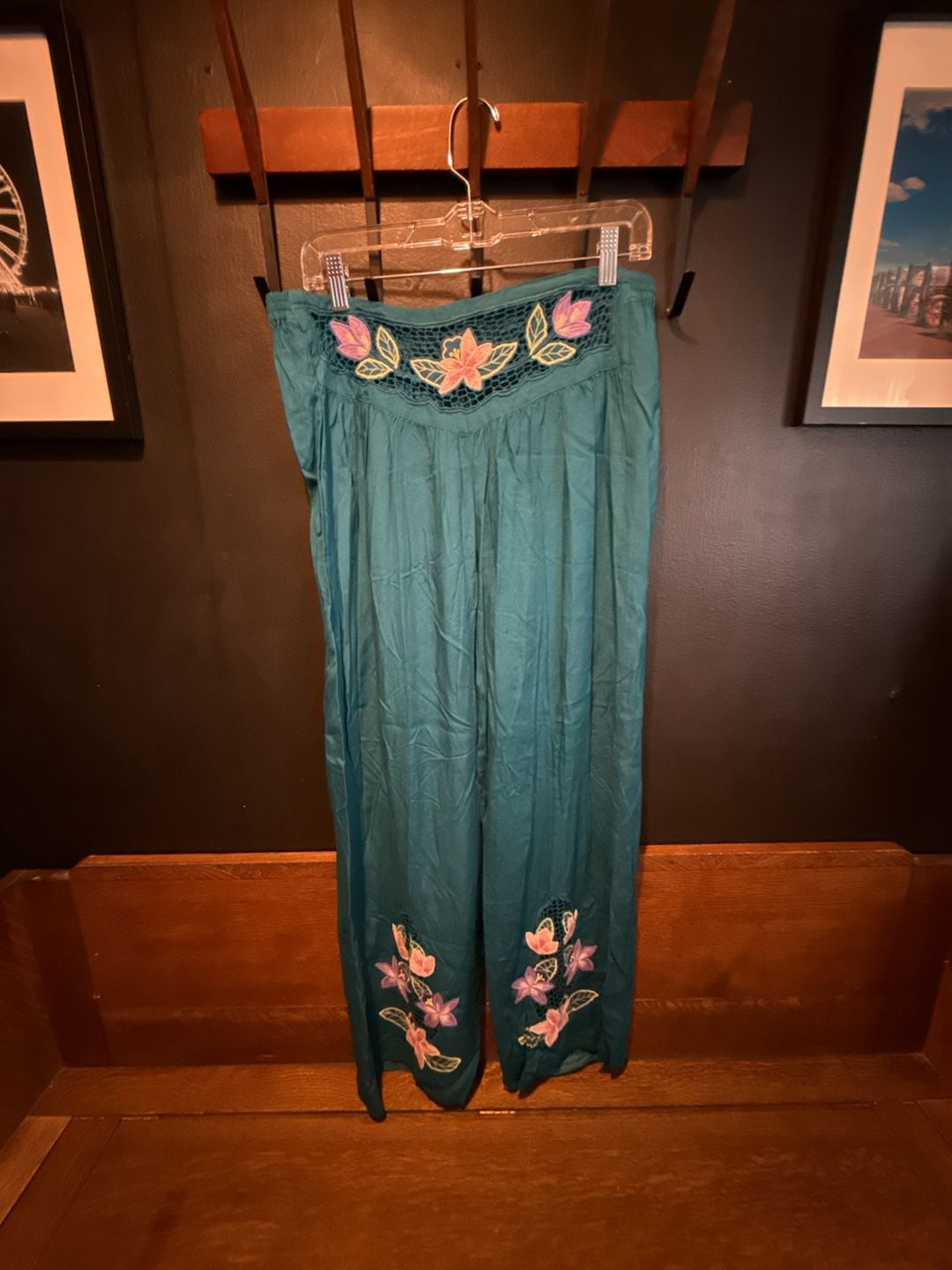 70’s Vintage Boho Embroidered Floral Teal Wide Leg Pants 2