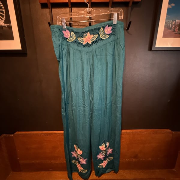 70’s Vintage Boho Embroidered Floral Teal Wide Leg Pants