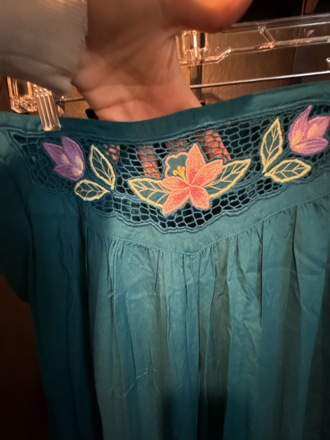 70’s Vintage Boho Embroidered Floral Teal Wide Leg Pants 3