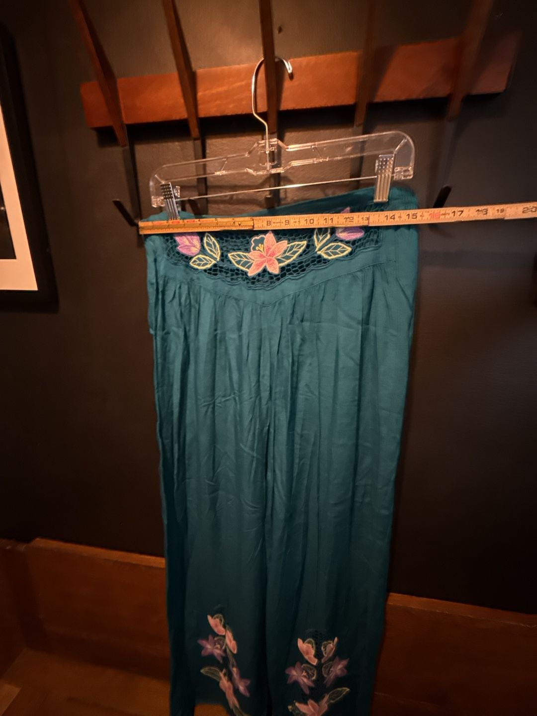 70’s Vintage Boho Embroidered Floral Teal Wide Leg Pants 6