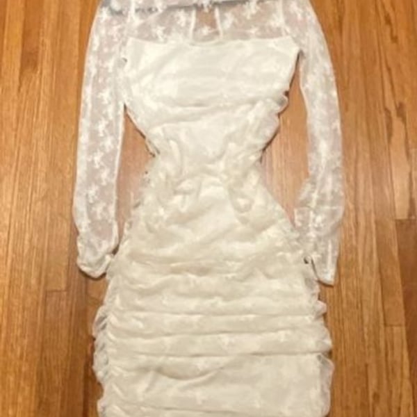 BHLDN Bailee Stretch Lace Ruched Dress White Long Sleeve