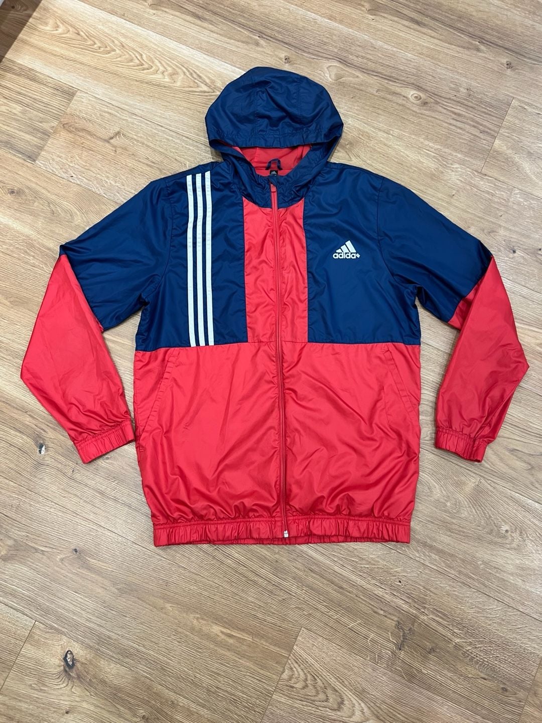 Adidas Windbreaker Jacket Men’s L Red Navy Blue Full Zip Hooded 2