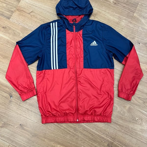 Adidas Windbreaker Jacket Men’s L Red Navy Blue Full Zip Hooded