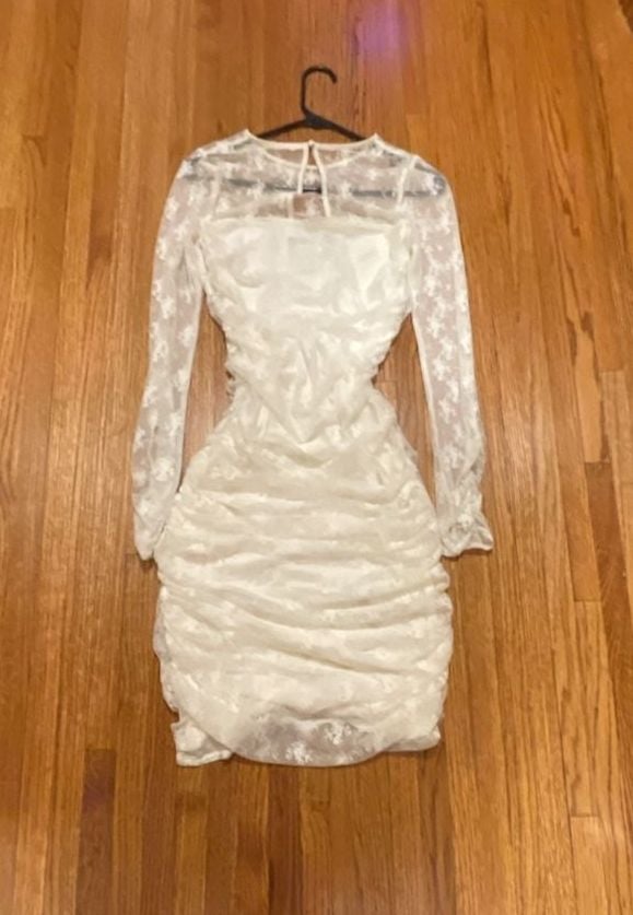 BHLDN Bailee Stretch Lace Ruched Dress White Long Sleeve 4