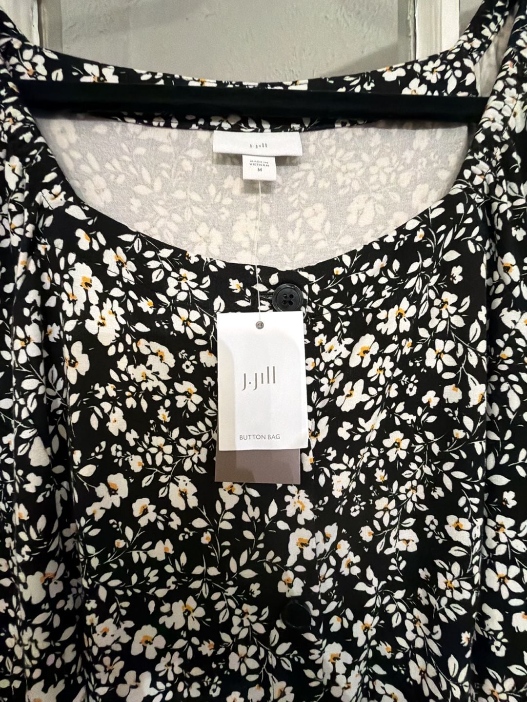 J.Jill Dress Size M Black Floral Button Front Midi Square Neck 3