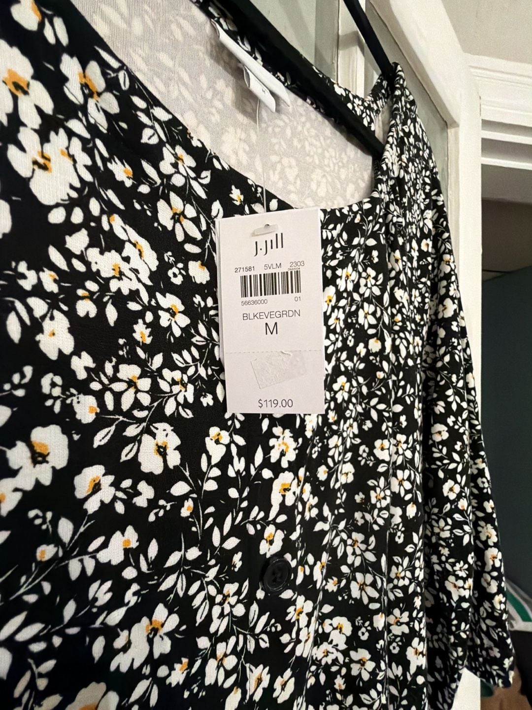 J.Jill Dress Size M Black Floral Button Front Midi Square Neck 4