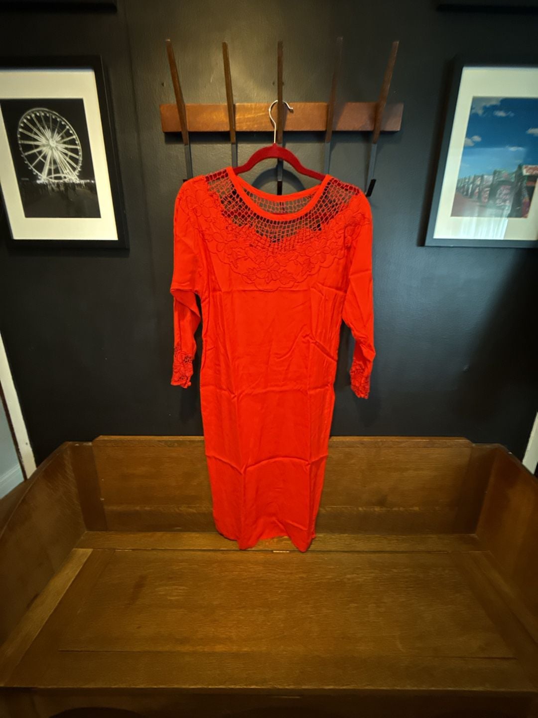 Vintage 70’s Red Lace/embroidered Trim Dress Midi Dress 2