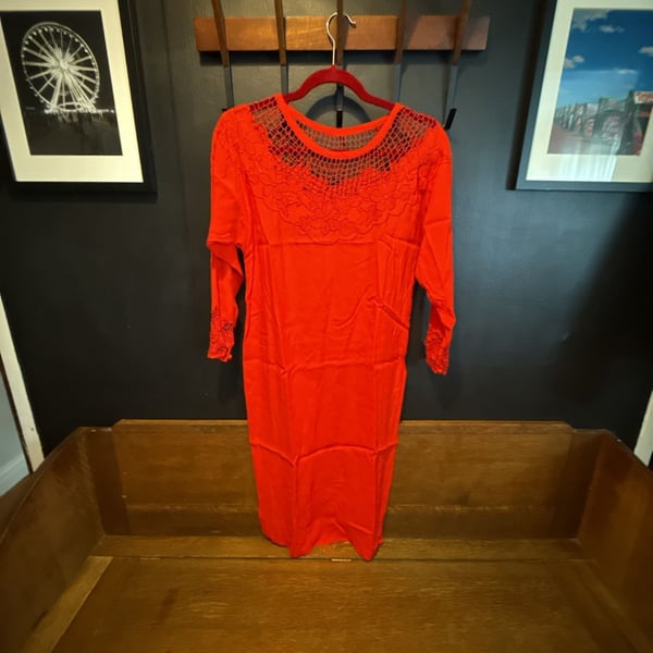 Vintage 70’s Red Lace/embroidered Trim Dress Midi Dress