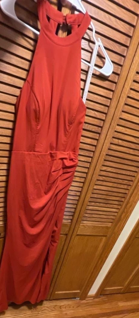 Azazie Halter Maxi Dress Size A10 Rust Red Draped Formal Evening 3