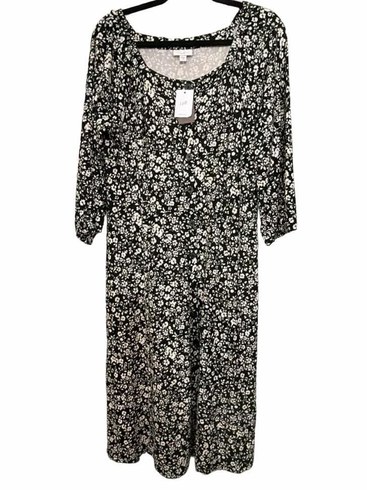 J.Jill Dress Size M Black Floral Button Front Midi Square Neck 2