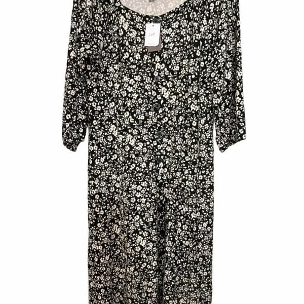 J.Jill Dress Size M Black Floral Button Front Midi Square Neck