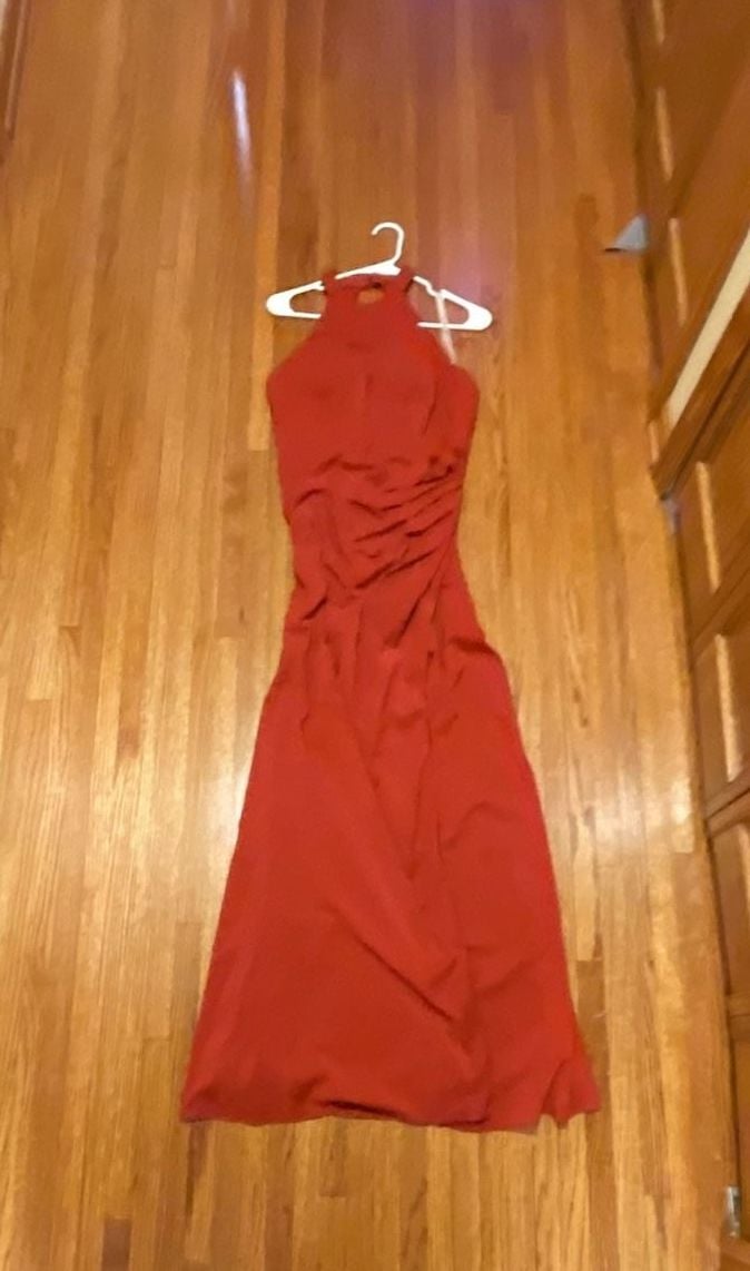 Azazie Halter Maxi Dress Size A10 Rust Red Draped Formal Evening 2