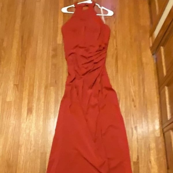 Azazie Halter Maxi Dress Size A10 Rust Red Draped Formal Evening