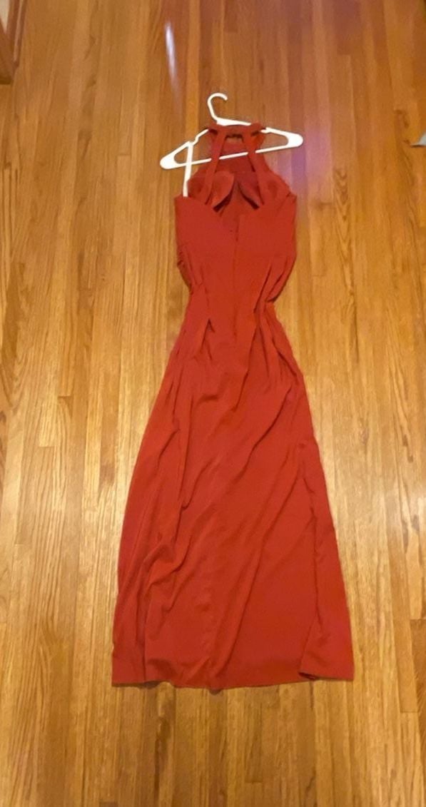 Azazie Halter Maxi Dress Size A10 Rust Red Draped Formal Evening 5