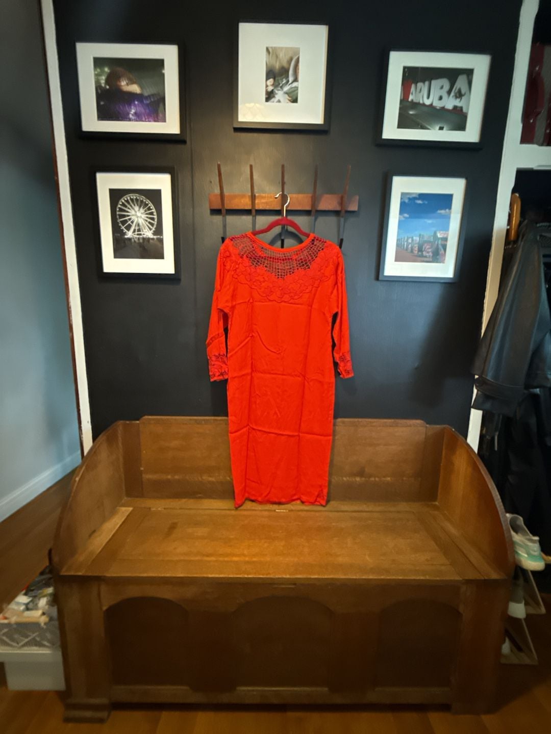 Vintage 70’s Red Lace/embroidered Trim Dress Midi Dress 7