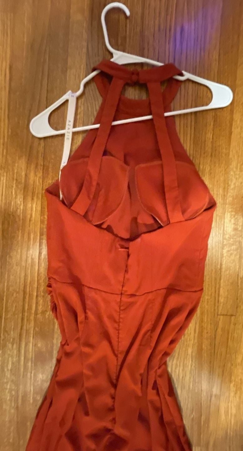 Azazie Halter Maxi Dress Size A10 Rust Red Draped Formal Evening 4
