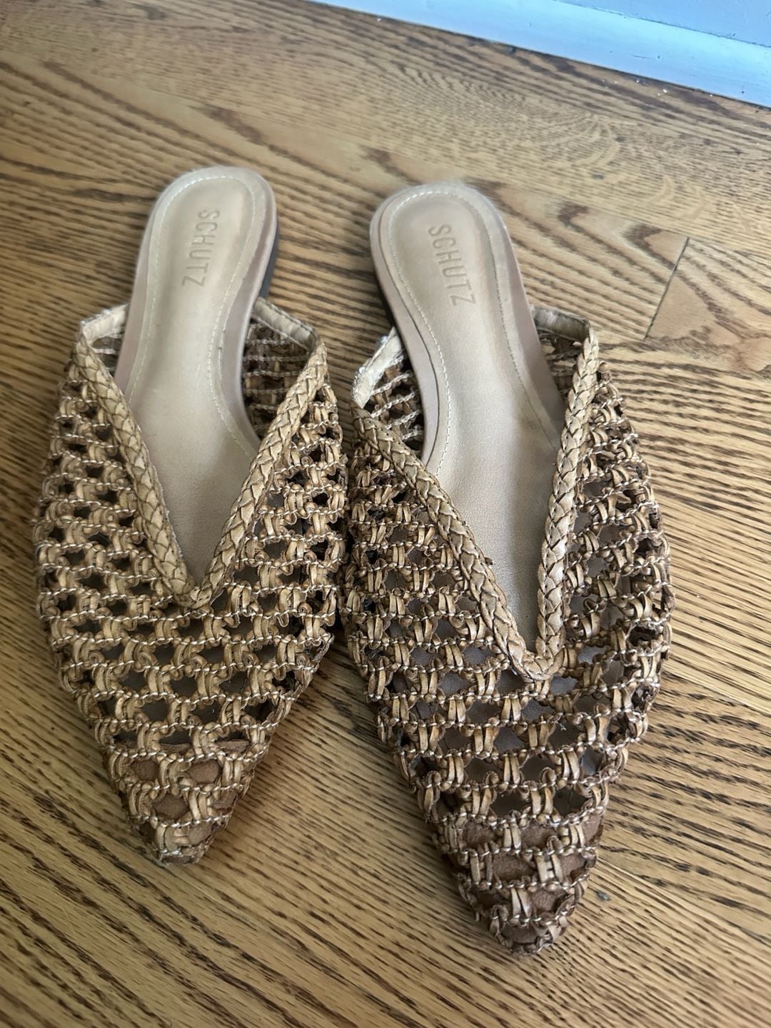 Schutz Woven Pointed Toe Flat Mules Size 7.5B Brown Leather Slip On Shoes 2