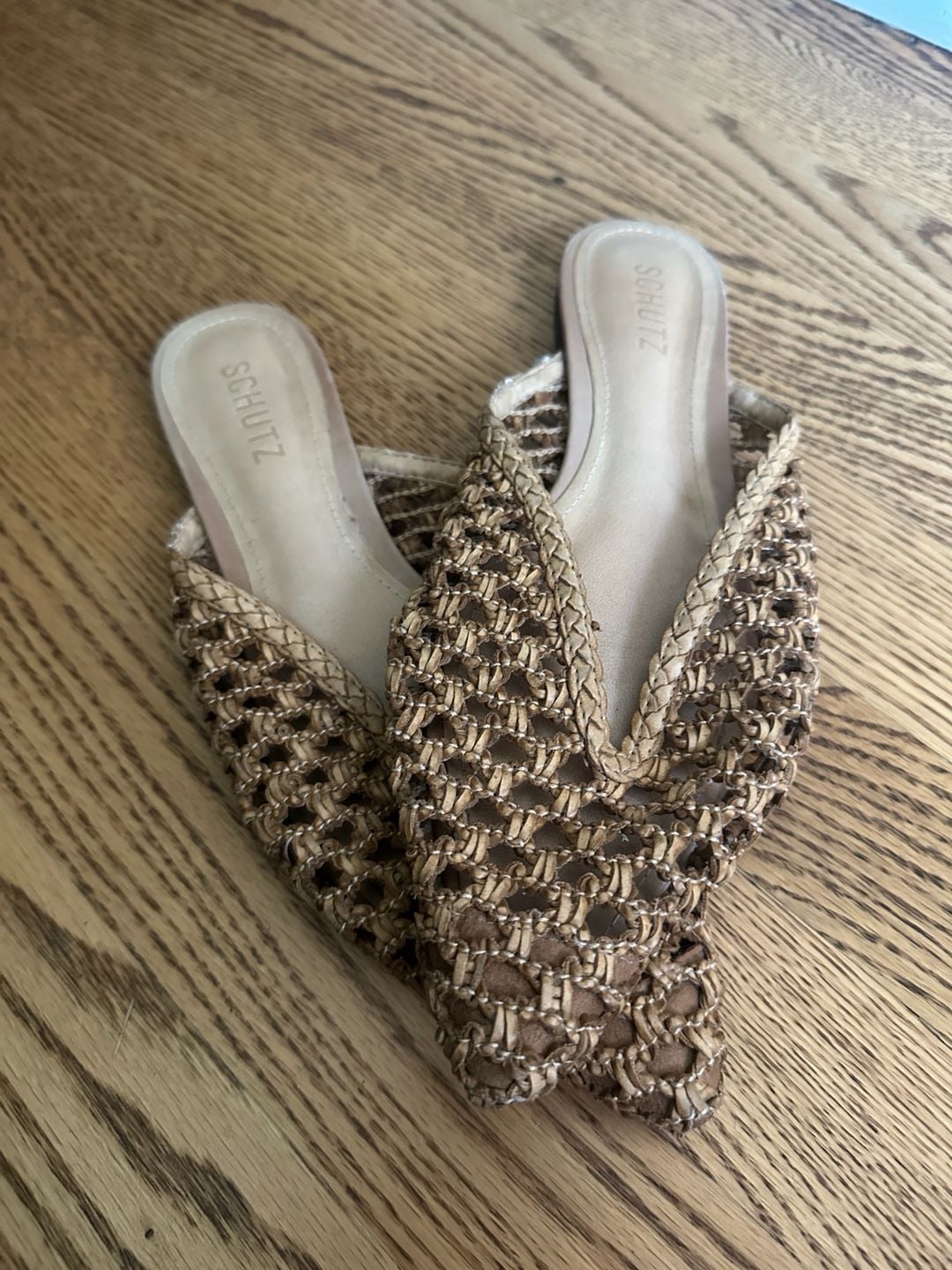 Schutz Woven Pointed Toe Flat Mules Size 7.5B Brown Leather Slip On Shoes 3