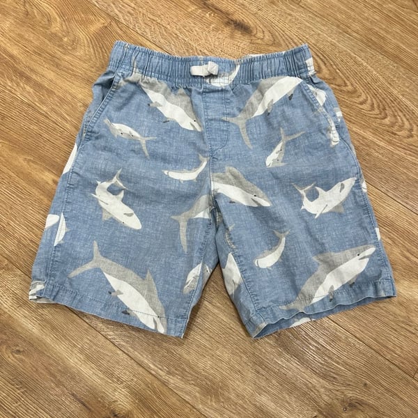 Lands' End Shark Print Shorts Size 10-12 Blue Cotton Pull-On