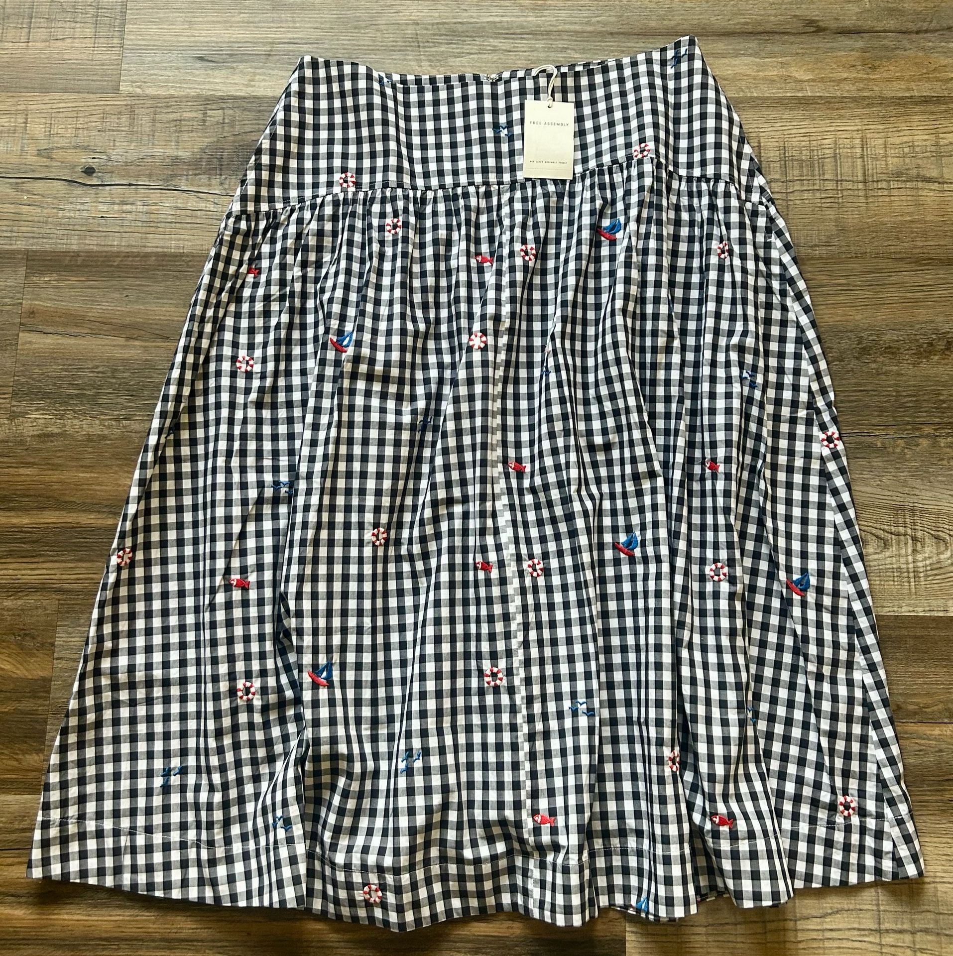 Free Assembly Embroidered Gingham Midi Skirt Size 16 Black White Nautical 2