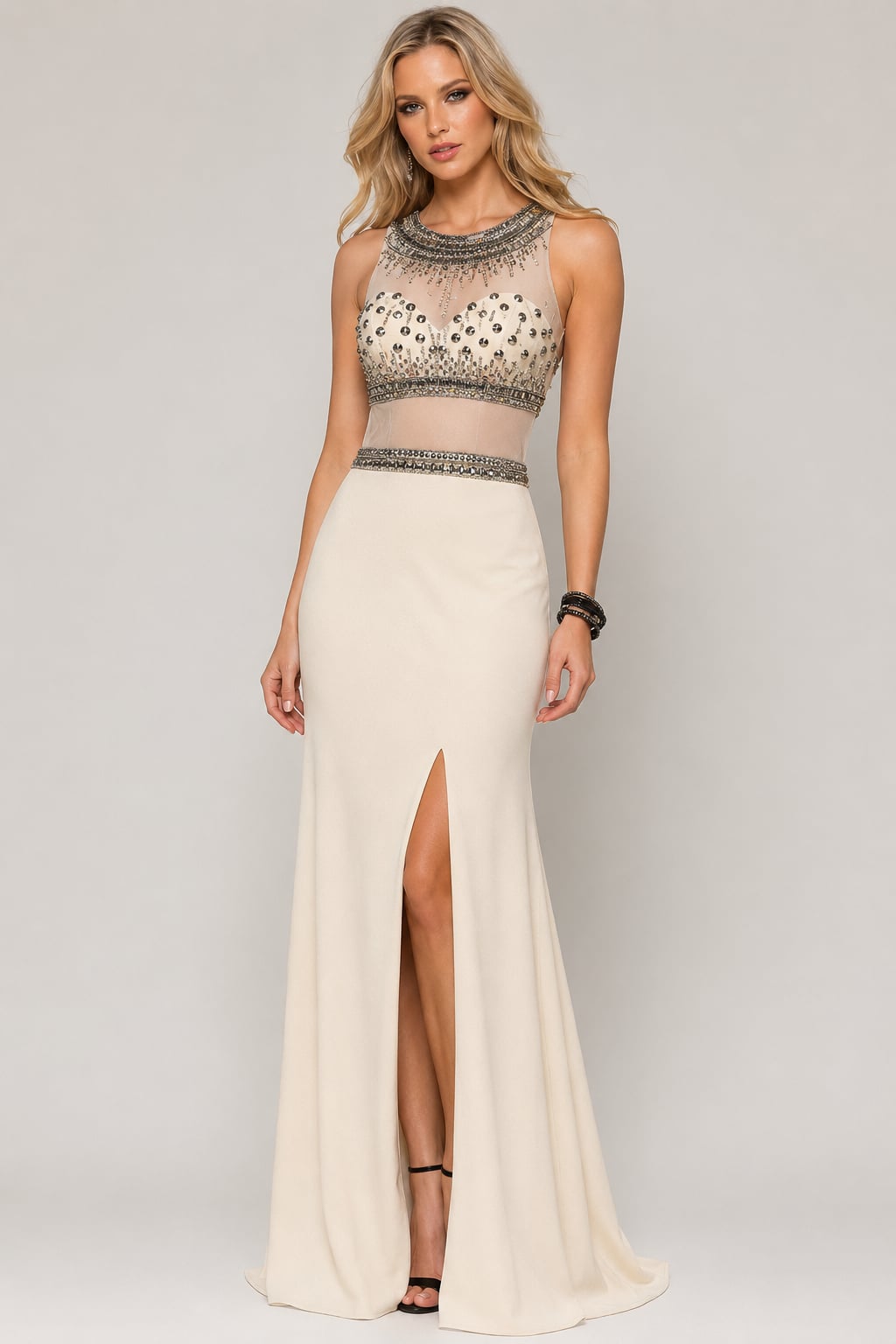 Shail K 1135 Dress Gown Ivory Beaded Illusion Bodice High Slit NWT Size: 6 NWT 2