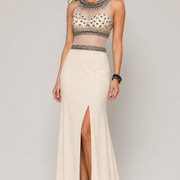 Shail K 1135 Dress Gown Ivory Beaded Illusion Bodice High Slit NWT Size: 6 NWT