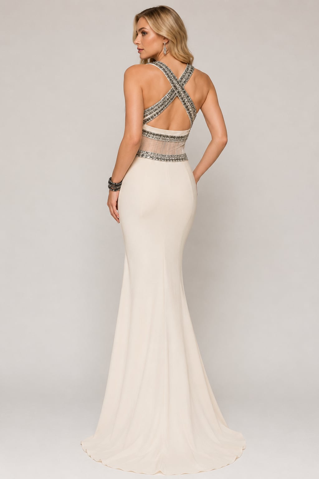 Shail K 1135 Dress Gown Ivory Beaded Illusion Bodice High Slit NWT Size: 6 NWT 3
