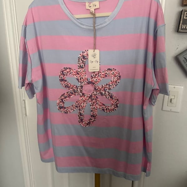 Sage + Fig Striped Floral Applique T-Shirt