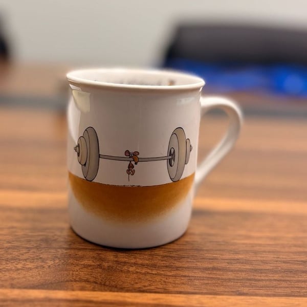 Vintage 1985 Hallmark Rim Shots Give Me Strength Mouse Weightlifting Mug